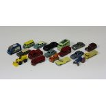 A collection of Matchbox 1-75 vehicles, including a No. 53 Aston Martin, a No. 17 Austin taxi and