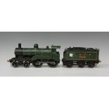 A gauge 1 model of a 4-4-0 locomotive and tender 504, finished in LNER green and black livery (no