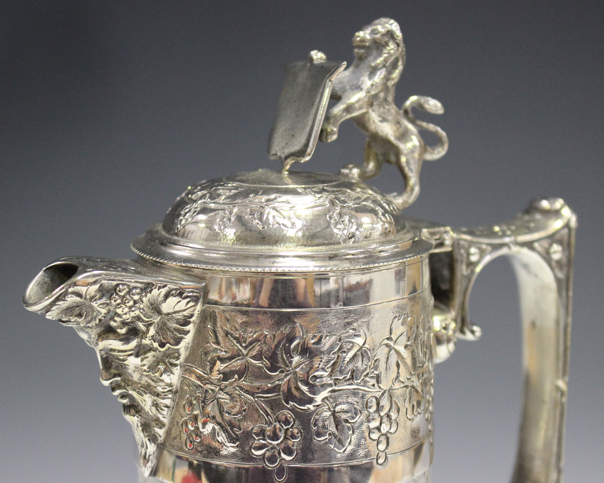 A late 19th/early 20th century cut glass and silver plated claret jug, the cylindrical body cut with - Image 4 of 6