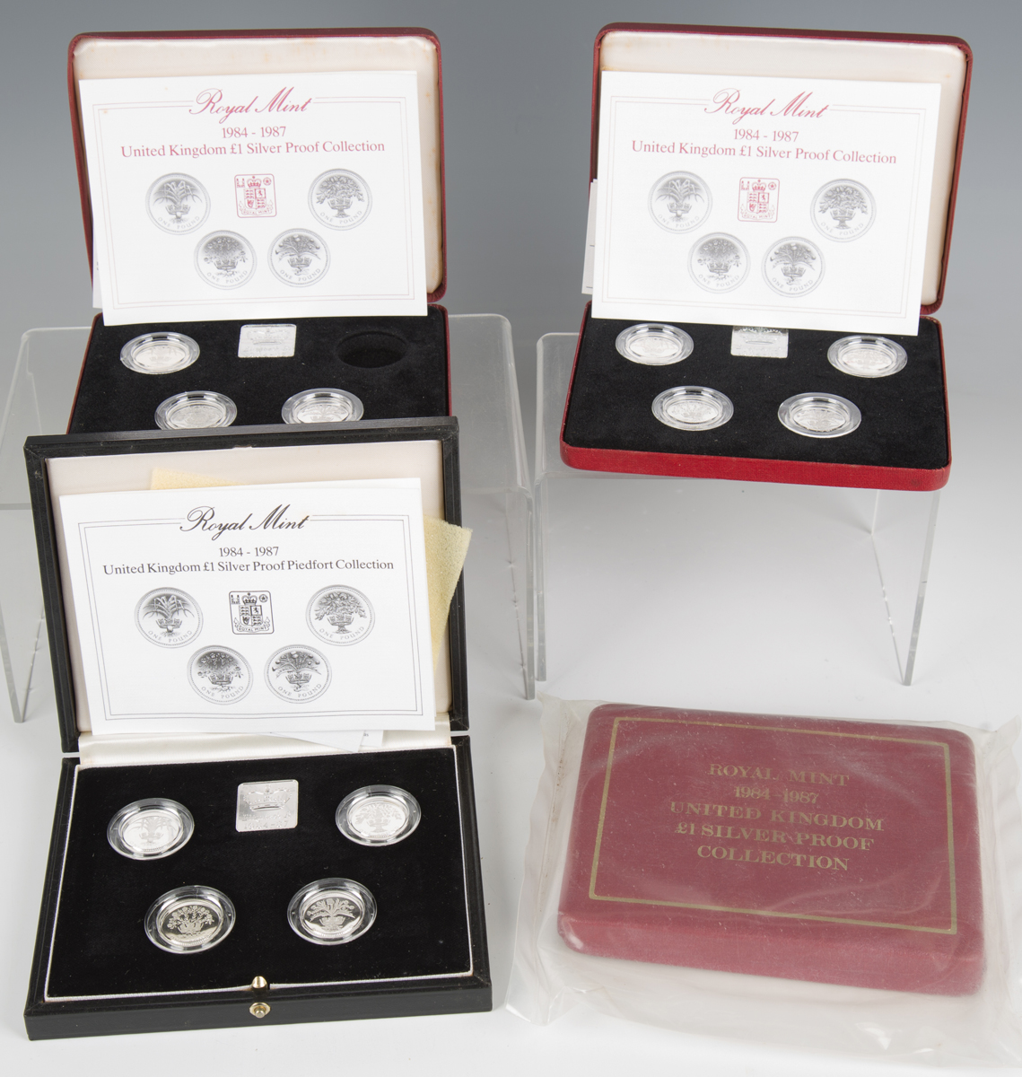 A Royal Mint 1984-1987 Silver Proof Piedfort Collection one pound four-coin set, cased with