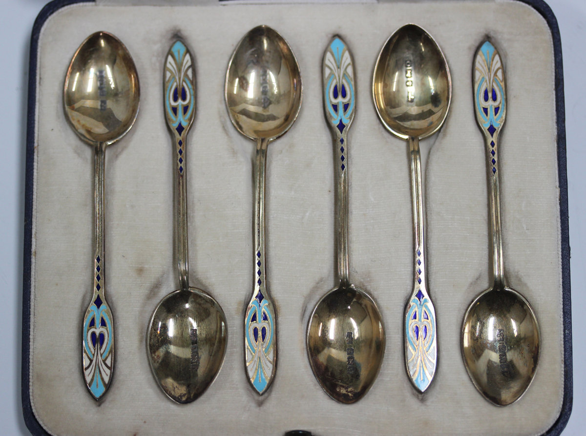 A set of six Art Deco silver gilt and enamel coffee spoons, Birmingham 1938 by Mappin & Webb, cased, - Image 4 of 4