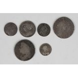 A Charles II fourpence 1681, a James II half-crown 1686, a William and Mary half-crown 1689, two