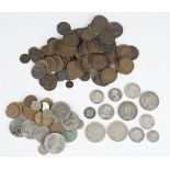 A collection of mostly British coins, including a George III shilling 1820, a George IV shilling