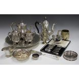 A small silver alms dish, Sheffield 2000, weight 121.9g, together with a collection of plated items,