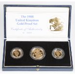 A Royal Mint 1988 Gold Proof Collection three-coin set, comprising two pounds coin, sovereign and