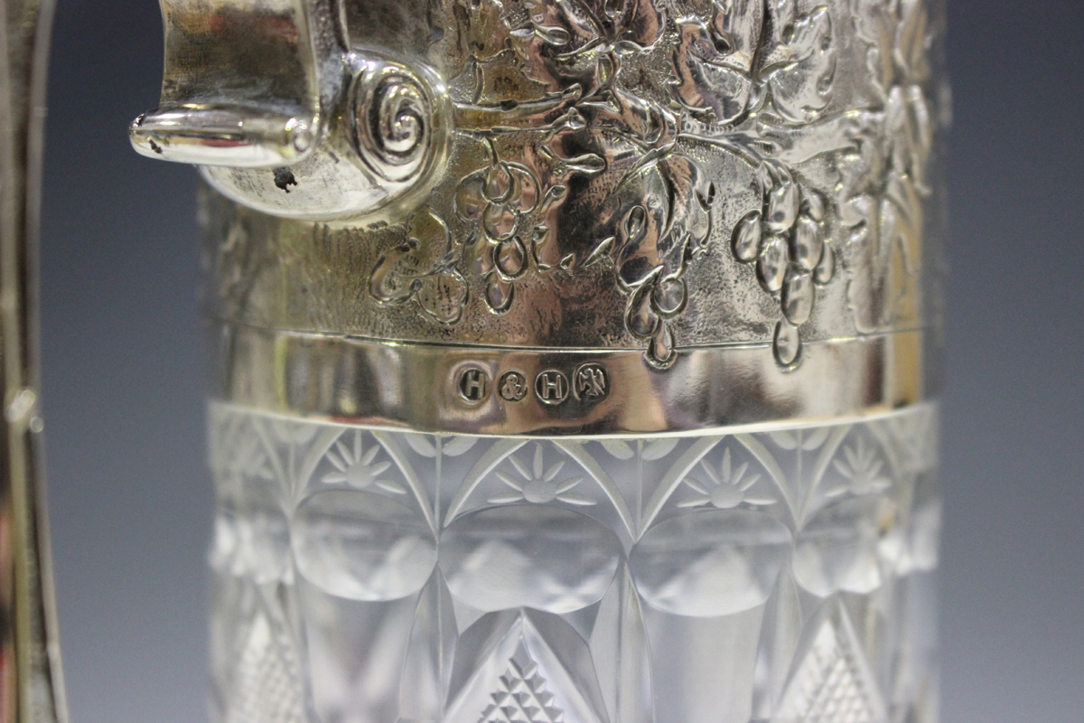 A late 19th/early 20th century cut glass and silver plated claret jug, the cylindrical body cut with - Image 5 of 6