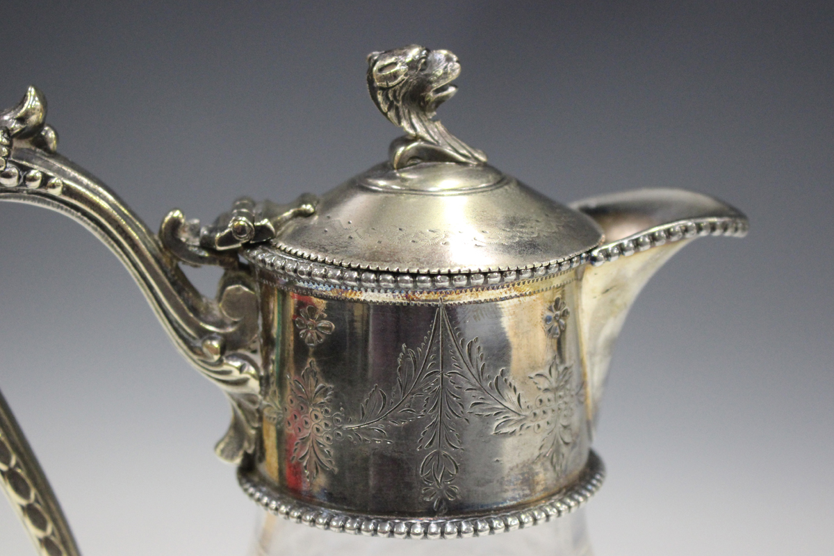 A late 19th/early 20th century cut glass and silver plated claret jug, the cylindrical body cut with - Image 3 of 6