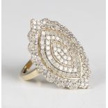 A 9ct gold and diamond marquise shaped cluster ring, mounted with circular cut diamonds, weight 5.