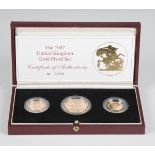 A Royal Mint 1987 Gold Proof Collection three-coin set, comprising two pounds coin, sovereign and