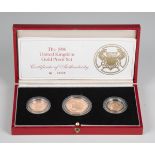 A Royal Mint 1986 Gold Proof Collection three-coin set, comprising two pounds coin, sovereign and