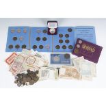 A small group of mostly British coins, including two Victoria shillings, 1887 and 1893, two pennies,
