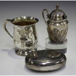 A late Victorian silver mustard with domed hinged lid and flame finial, the body with spiral