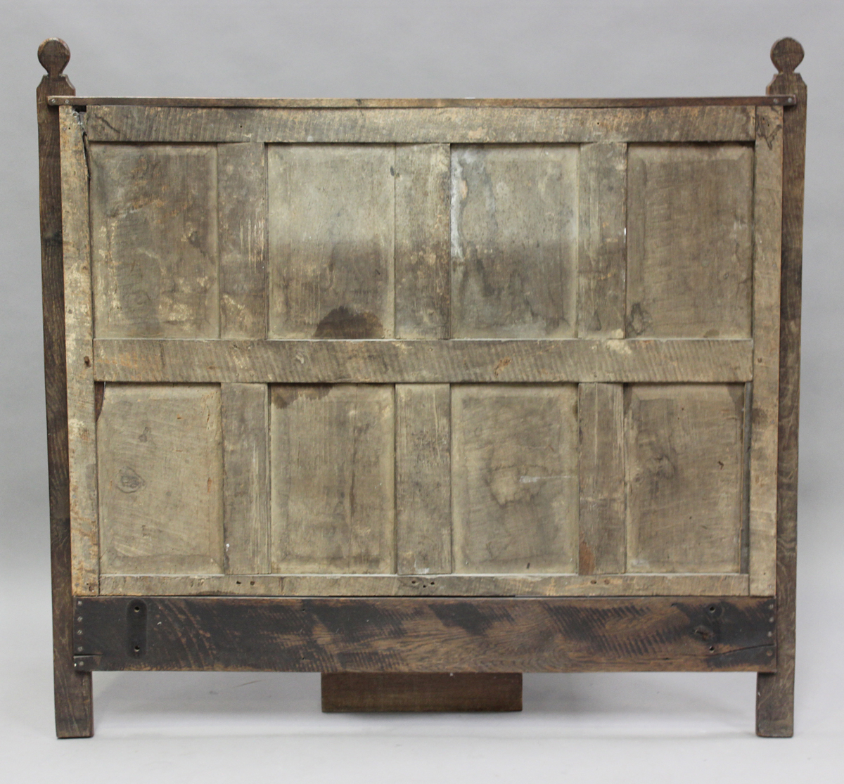 A 17th century and later oak panelled double headboard, height 130cm, width 139cm.Buyer’s Premium - Image 3 of 7