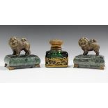 An Art Nouveau green glass and gilt metal mounted inkwell, width 8cm, together with two 20th century