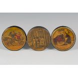 A group of three 19th century French papier-mâché snuff boxes, each lid with a printed risqué scene,