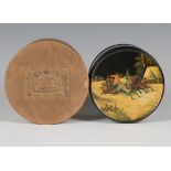 A late 19th century Russian papier-mâché cylindrical box and cover, the lid painted with a horse-