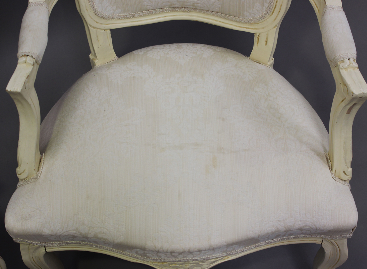 A pair of late 20th century French cream painted showframe fauteuil armchairs, height 91cm, width - Image 10 of 11