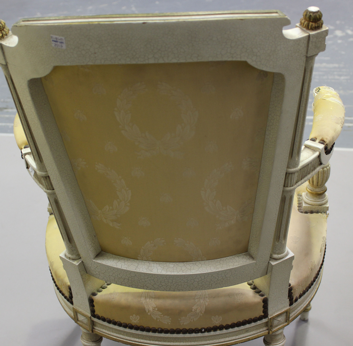 A pair of 20th century Louis XVI style white painted and gilt fauteuil armchairs, upholstered in - Image 9 of 12