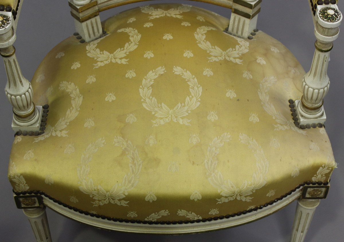 A pair of 20th century Louis XVI style white painted and gilt fauteuil armchairs, upholstered in - Image 6 of 12