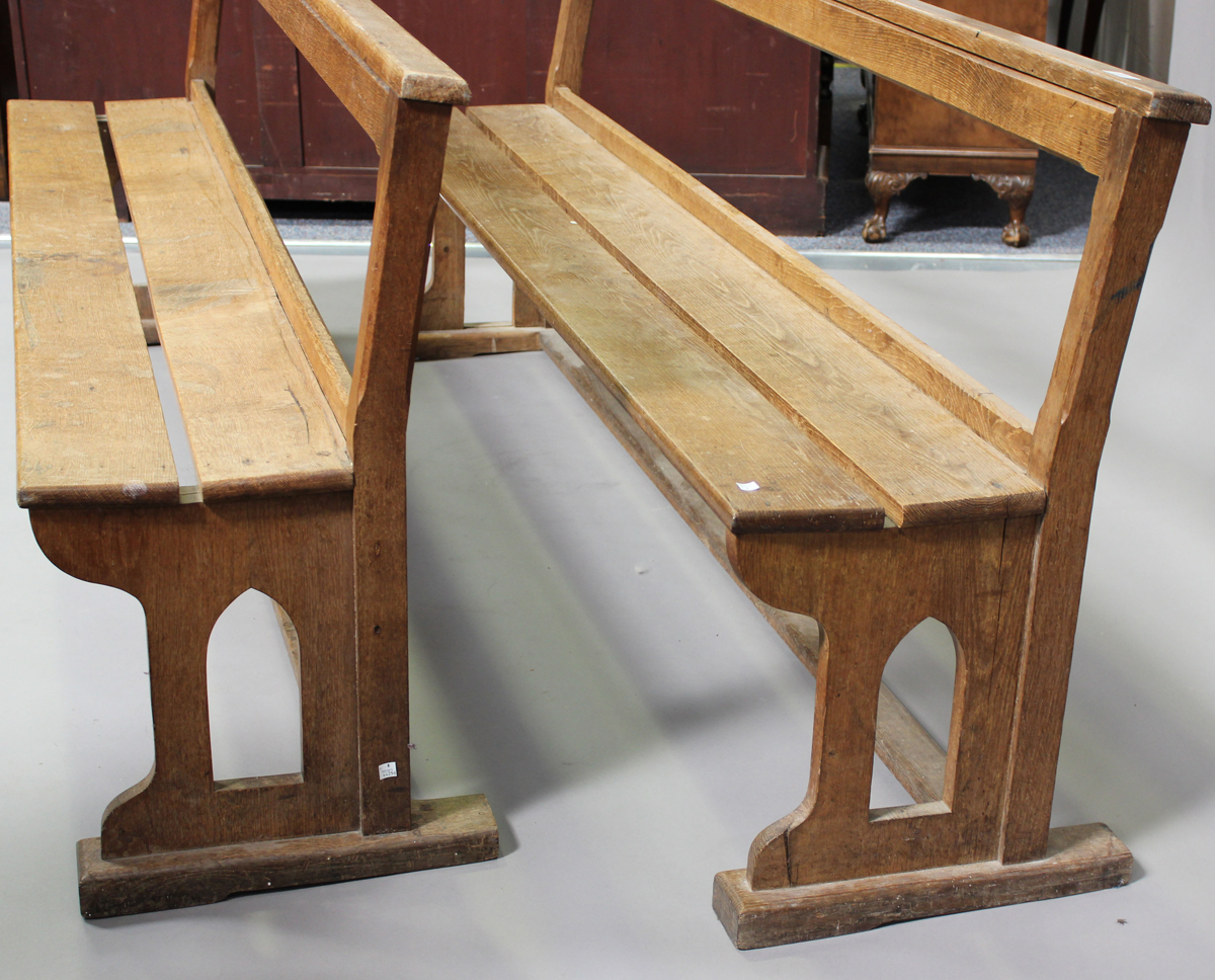 A pair of late 19th century oak pews with chamfered edges and Gothic arch supports, height 82cm, - Image 2 of 5