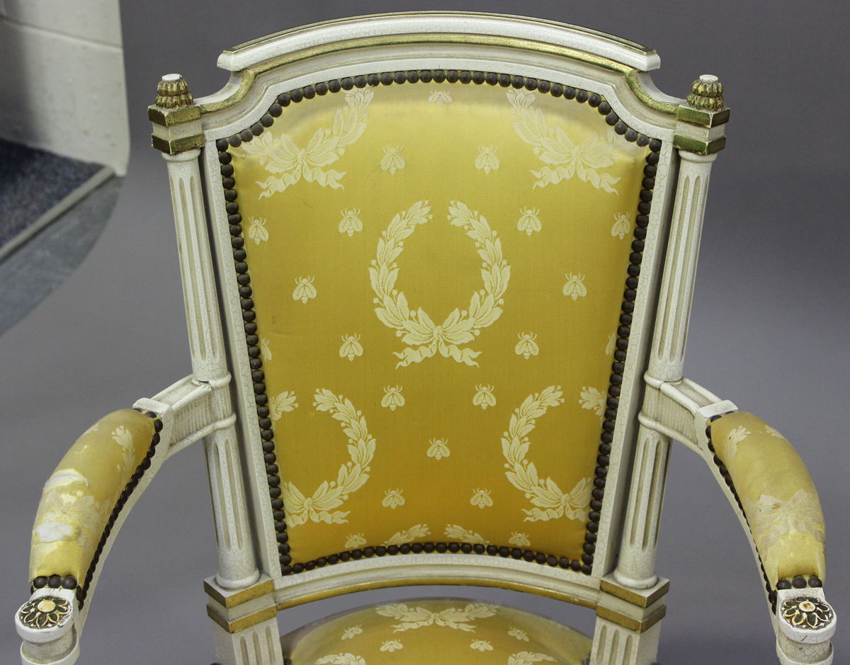 A pair of 20th century Louis XVI style white painted and gilt fauteuil armchairs, upholstered in - Image 12 of 12