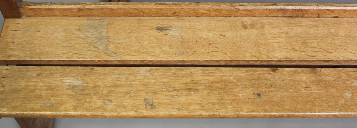 A pair of late 19th century oak pews with chamfered edges and Gothic arch supports, height 82cm, - Image 4 of 5