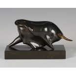 Jill Sanders - a brown and gilt patinated cast bronze model of a stylized bull, bearing incised