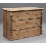 A late 19th/early 20th century Continental pine chest of three drawers, height 95cm, width 128cm,