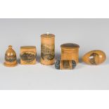 A group of six pieces of Mauchline ware, including a pin cushion and a cylindrical thread