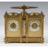 A late 19th/early 20th century French lacquered brass cased combination carriage timepiece with