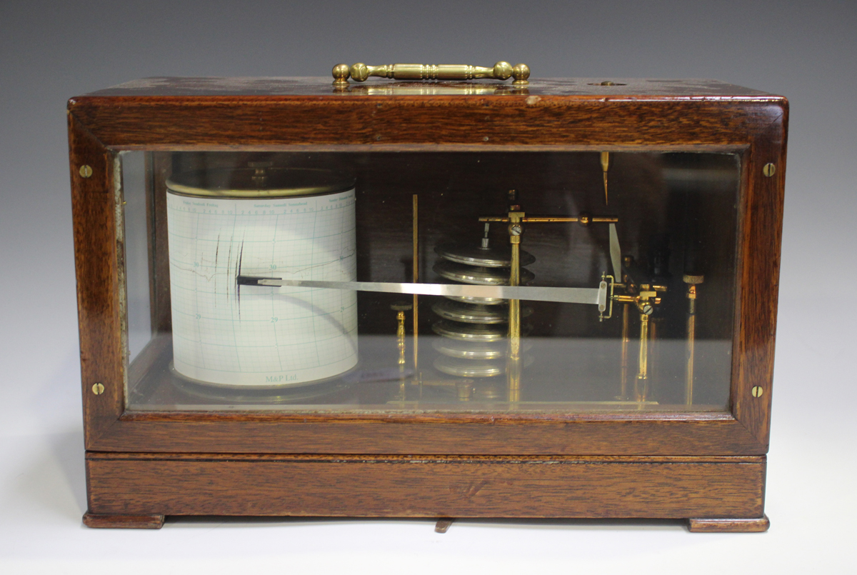 A mid-20th century mahogany cased barograph with lacquered brass mechanism and clockwork recording