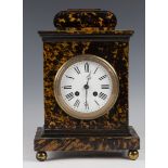 A late 19th century French tortoiseshell veneered mantel clock with eight day movement striking