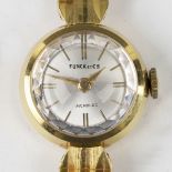 A Funck et Cie 18ct gold lady's bracelet wristwatch, the signed silvered dial with gilt baton hour