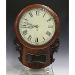 A Victorian mahogany drop dial wall timepiece with brass five pillar fusee movement, the painted