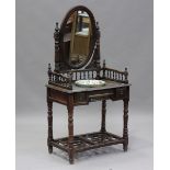 A 20th century Chinese stained softwood washstand with oval swing frame mirror, height 158cm,