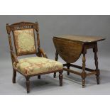 A late Victorian Aesthetic Movement walnut framed nursing chair, height 85cm, width 57cm, depth