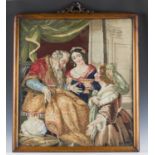 A Victorian Berlin woolwork panel depicting a seated king and two ladies, 75cm x 66cm, within a