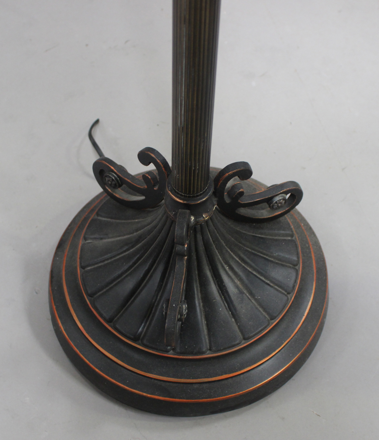 A modern anodized metal lamp standard, fitted with a large Tiffany style stained and leaded glass - Image 2 of 5