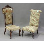A late Victorian walnut framed prie-Dieu chair, upholstered in period tapestry, height 113cm,