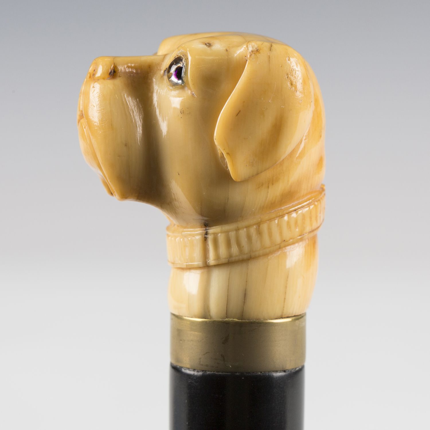 A 19th century ebonized walking cane, the ivory handle finely carved as a dog's head with inset - Image 6 of 8