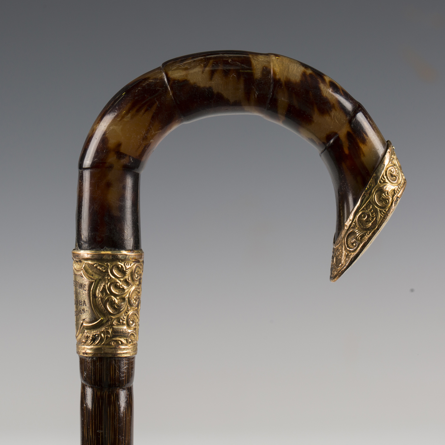 A late 19th century palmwood walking cane, the moulded tortoiseshell handle with gilt metal mount