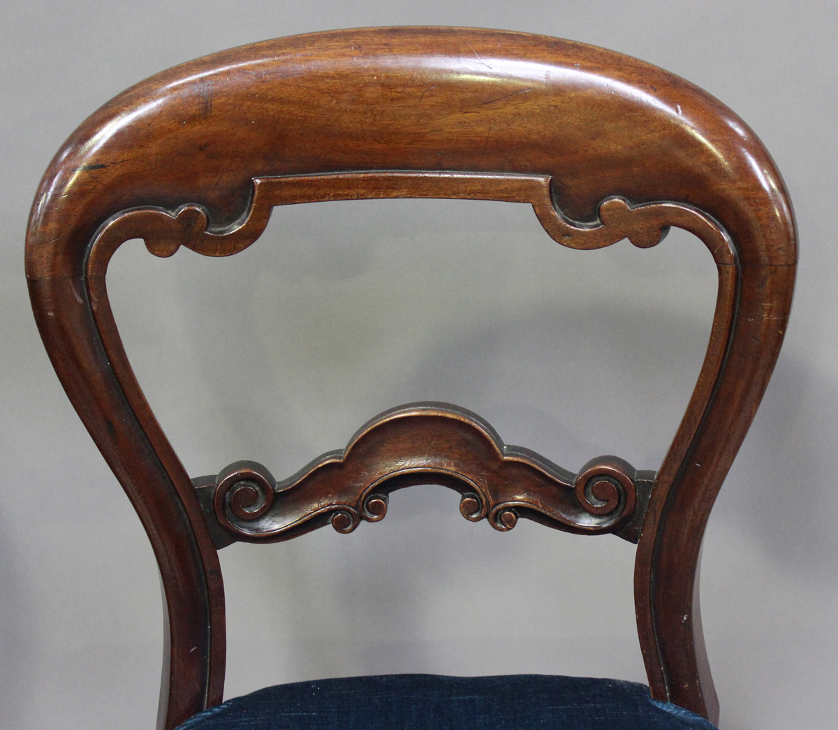 A set of six Victorian mahogany balloon back dining chairs, the overstuffed seats on turned legs, - Image 5 of 5