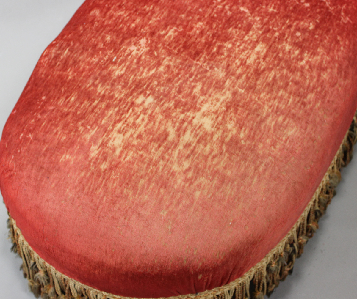 A late Victorian tub back daybed, upholstered in crimson velvet, raised on shaped legs, height 95cm, - Image 2 of 6