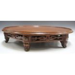 A late Victorian oak revolving lazy Susan, raised on a pierced frieze and scroll legs, height