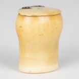 An early 18th century Scottish ivory snuff mull of turned ogee form, the lid with silver foliate
