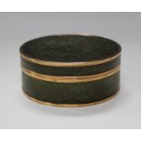 A late 18th/early 19th century French vernis Martin and gold mounted circular snuff box, the