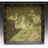 An early 20th century Chinese lacquered gallery tray, painted with ducks at a lakeside, width 54cm.