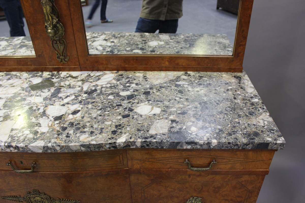 A French Art Deco pollard oak side cabinet with gilt metal mounts, the mirror back above a marble - Image 12 of 14