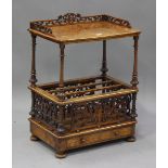 A mid-Victorian burr walnut and boxwood inlaid whatnot Canterbury with pierced fretwork