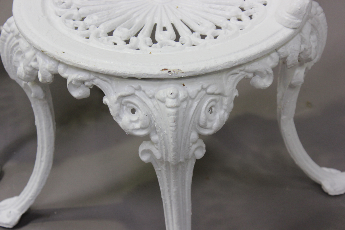 A pair of late Victorian white painted cast iron garden chairs of foliate scroll form, height - Image 2 of 4